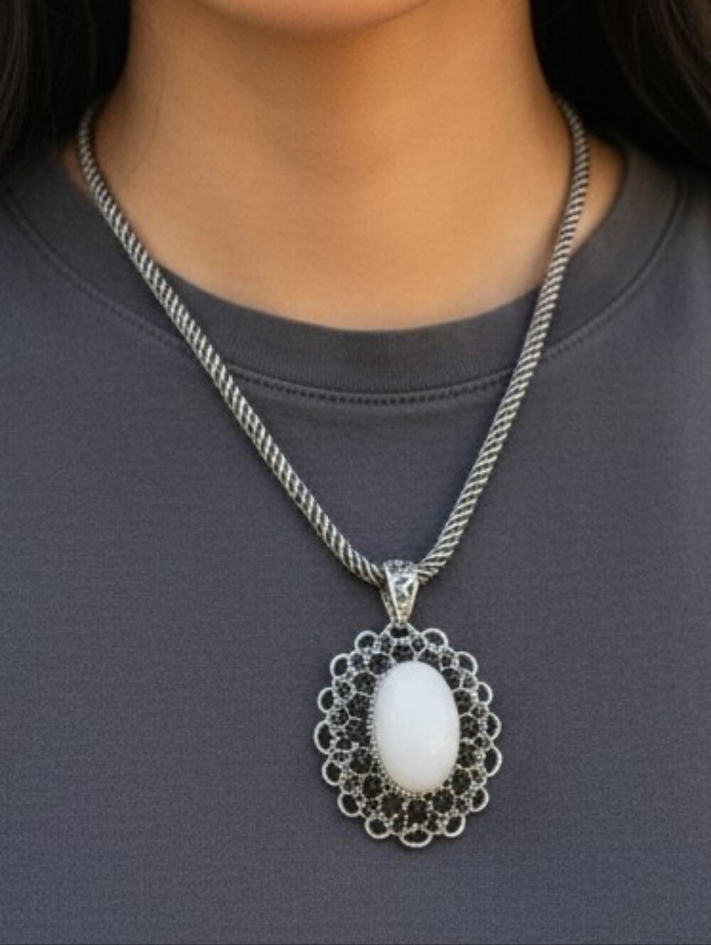 Chico's Silver Black Oval Pendant Necklace
